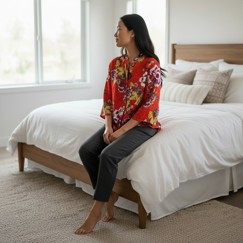 Natori Small Floral Mandarin‎ Collar Button Front Boxy Floral Silky PJ Top - Picture 2 of 11
